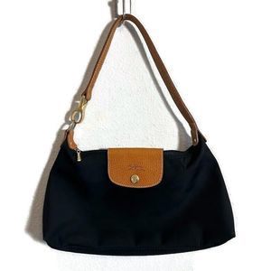 Vintage Longchamp Small Nylon Shoulder Bag Black Leather Strap Gold Hardware